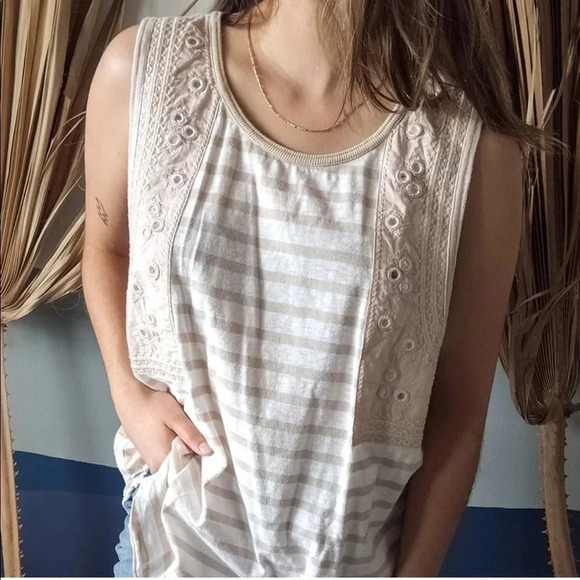 Free People Embroidered tan and white stripped Mirror Tank Top - Picture 4 of 8